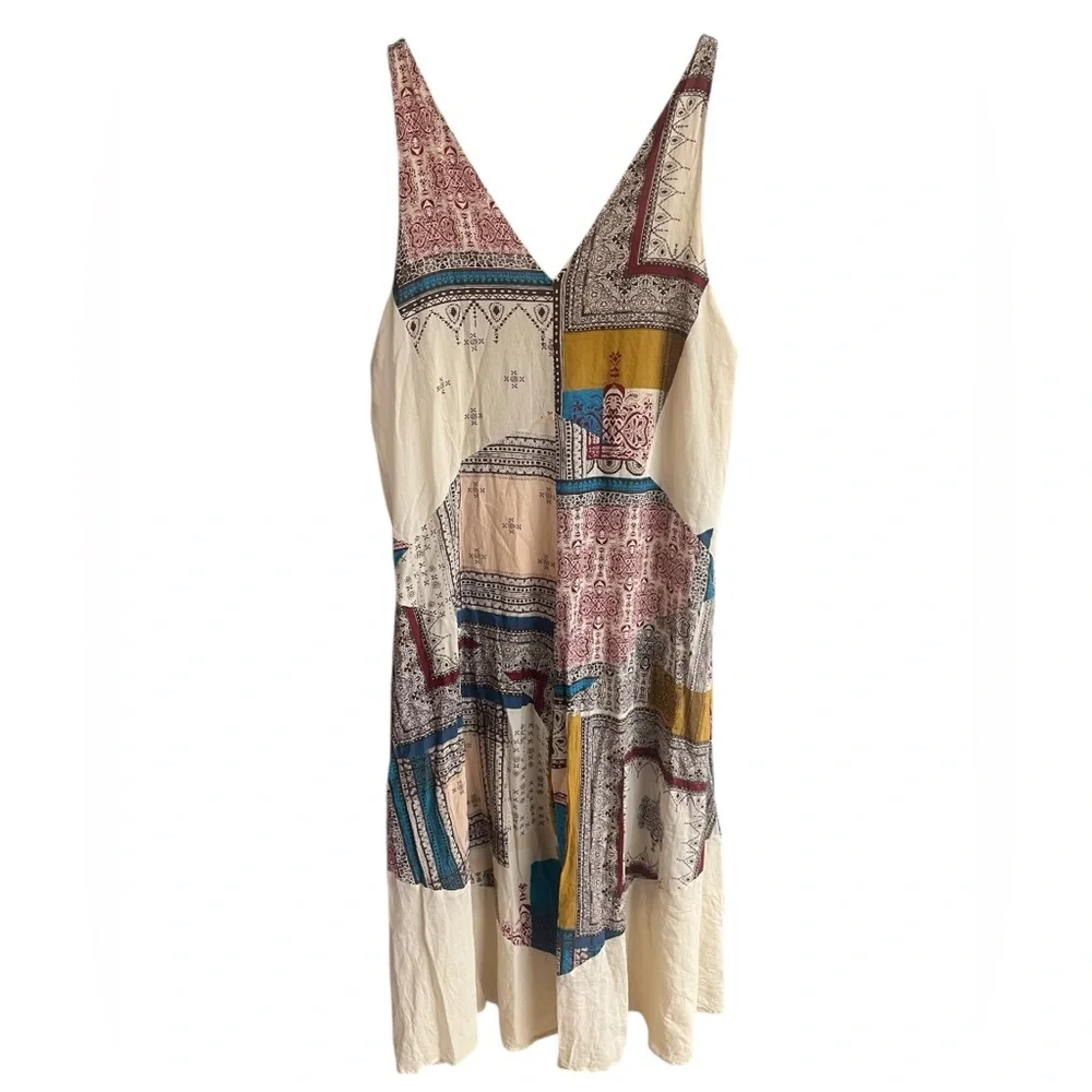 Free People Patchwork V-Neck Wide-Leg Jumpsuit in Cream, Blue, Mustard, Red - Picture 4 of 13